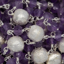 Load image into Gallery viewer, Brass Silver Plated 3.75mm Width by 3.30mm Length Natural Hand Cut Amethyst Stone Chain, Followed by 5.90mm Width by 6.25mm Length Brass Silver Plated Textured Bead Every 2 Inches, Gem Stone Chain. Price per: 1 Inch.