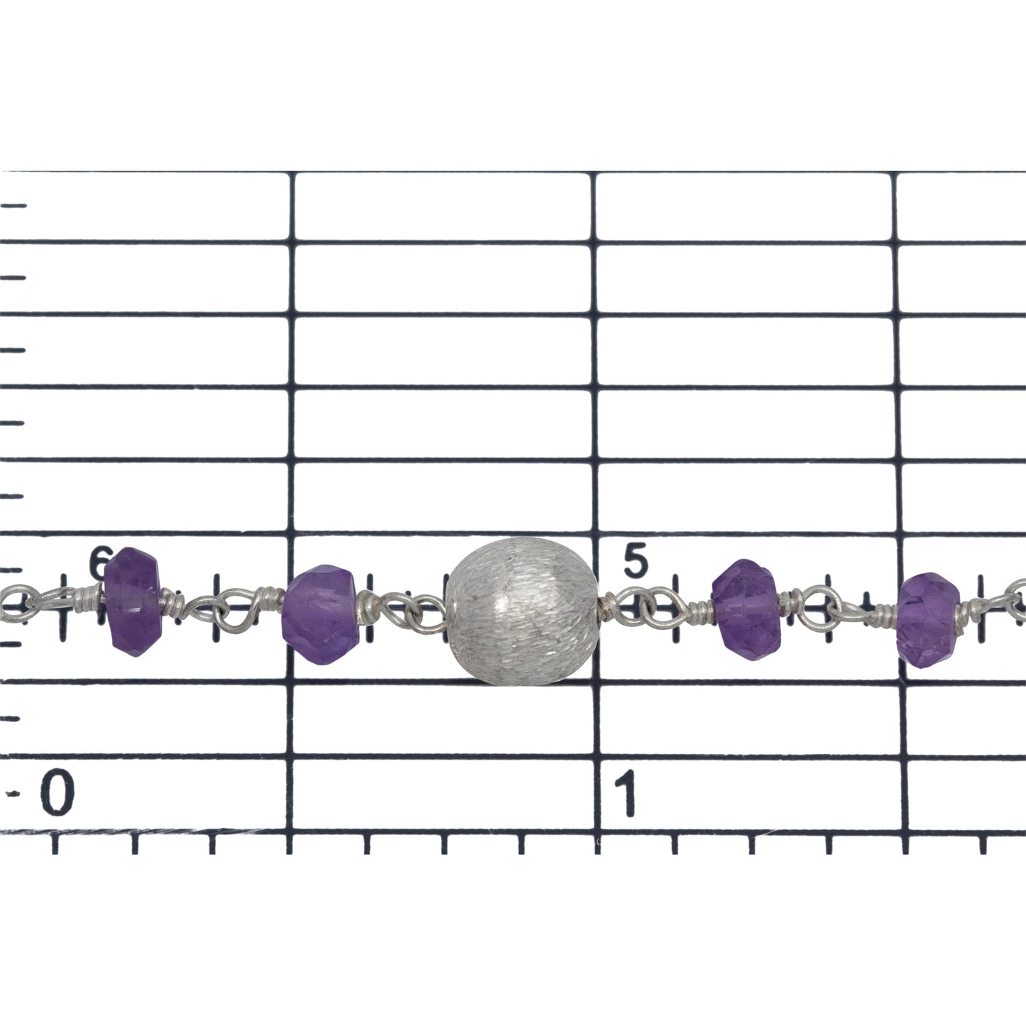 Brass Silver Plated 3.75mm Width by 3.30mm Length Natural Hand Cut Amethyst Stone Chain, Followed by 5.90mm Width by 6.25mm Length Brass Silver Plated Textured Bead Every 2 Inches, Gem Stone Chain. Price per: 1 Inch.