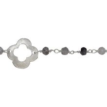 Load image into Gallery viewer, Chain by Foot. Brass Silver Plated 3.75mm Width by 2.80mm Length Natural Hand Cut Rutalite Stone Chain, Followed by 14.25mm Width by 14.05mm Length Brass Silver Plated Textured Clover Every 3.5 Inches, Gem Stone Chain. Price per: 1 Inch.