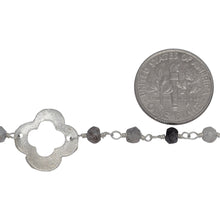 Load image into Gallery viewer, Brass Silver Plated 3.75mm Width by 2.80mm Length Natural Hand Cut Rutalite Stone Chain, Followed by 14.25mm Width by 14.05mm Length Brass Silver Plated Textured Clover Every 3.5 Inches, Gem Stone Chain. Price per: 1 Inch.