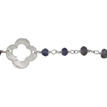 Load image into Gallery viewer, Chain by Foot. Brass Silver Plated 3.75mm Width by 2.90mm Length Natural Hand Cut Iolite Stone Chain, Followed by 14.25mm Width by 14.10mm Length Brass Silver Plated Textured Clover Every 3.5 Inches, Gem Stone Chain. Price per: 1 Inch.