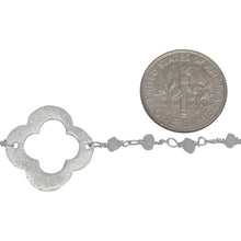 Load image into Gallery viewer, Brass Silver Plated 2.85mm Width by 2.25mm Length Natural Hand Cut Rainbow Moon Stone Stone Chain, Followed by 17.75mm Width by 17.75mm Length Brass Silver Plated Textured Clover Every 3.5 Inches, Gem Stone Chain. Price per: 1 Inch.