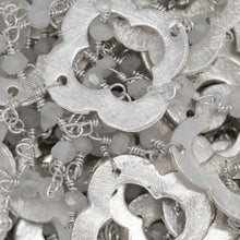 Load image into Gallery viewer, Brass Silver Plated 2.85mm Width by 2.25mm Length Natural Hand Cut Rainbow Moon Stone Stone Chain, Followed by 17.75mm Width by 17.75mm Length Brass Silver Plated Textured Clover Every 3.5 Inches, Gem Stone Chain. Price per: 1 Inch.