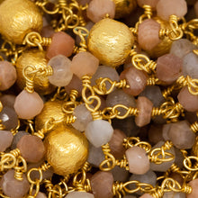 Load image into Gallery viewer, Brass Gold Plated 4.05mm Width by 3.25mm Length Natural Hand Cut Moon Stone Chain, Followed by 6.10mm Width by 6.25mm Length Brass Gold Plated Textured Bead Every 2.5 Inches, Gem Stone Chain. Price per: 1 Inch.