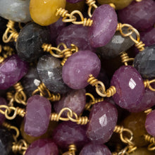 Load image into Gallery viewer, Brass Gold Plated 6.38mm Width by 3.96mm Length Natural Hand Cut Multi Sapphire (Dyed) Stone, Gem Stone Chain. Price per: 1 Inch.