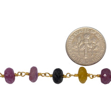 Load image into Gallery viewer, Brass Gold Plated 6.38mm Width by 3.96mm Length Natural Hand Cut Multi Sapphire (Dyed) Stone, Gem Stone Chain. Price per: 1 Inch.