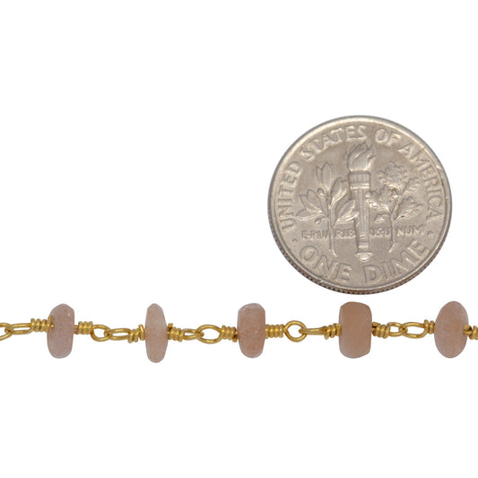 Brass Gold Plated 5.7mm Width by 3.5mm Length Natural Hand Cut Peach Moon Stone, Gem Stone Chain. Price per: 1 Inch.