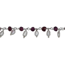 Load image into Gallery viewer, Chain by Foot. Brass Silver Plated 3.3mm Width by 2.45mm Length Natural Hand Cut Garnet Stone, With One of 2.7mm Width by 3.6mm Length Rice Pearl Hanging off the Chain, Gem Stone Chain. Price per: 1 Inch.
