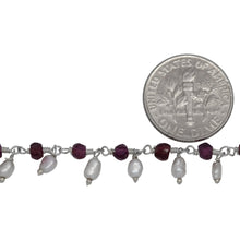 Load image into Gallery viewer, Brass Silver Plated 3.3mm Width by 2.45mm Length Natural Hand Cut Garnet Stone, With One of 2.7mm Width by 3.6mm Length Rice Pearl Hanging off the Chain, Gem Stone Chain. Price per: 1 Inch.