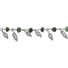 Load image into Gallery viewer, Chain by Foot. Brass Silver Plated 3.4mm Width by 2.3mm Length Natural Hand Cut Chrysoprase Stone, With One of 3.0mm Width by 4.1mm Length Rice Pearl Hanging off the Chain, Gem Stone Chain. Price per: 1 Inch.
