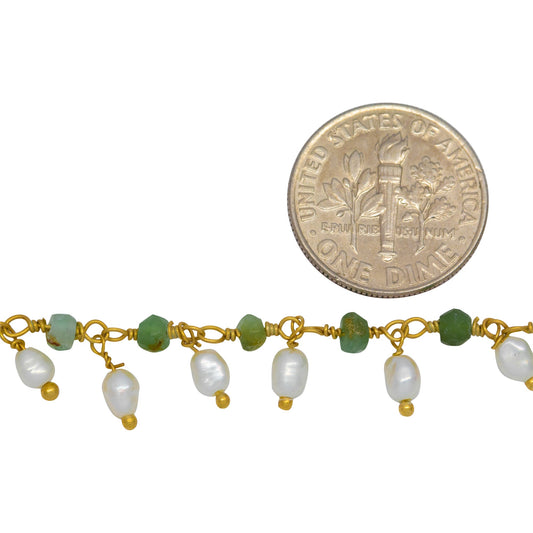 Brass Gold Plated 3.4mm Width by 2.3mm Length Natural Hand Cut Chrysoprase Stone, With One of 3.0mm Width by 4.1mm Length Rice Pearl Hanging off the Chain, Gem Stone Chain. Price per: 1 Inch.