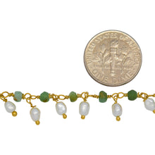 Load image into Gallery viewer, Brass Gold Plated 3.4mm Width by 2.3mm Length Natural Hand Cut Chrysoprase Stone, With One of 3.0mm Width by 4.1mm Length Rice Pearl Hanging off the Chain, Gem Stone Chain. Price per: 1 Inch.