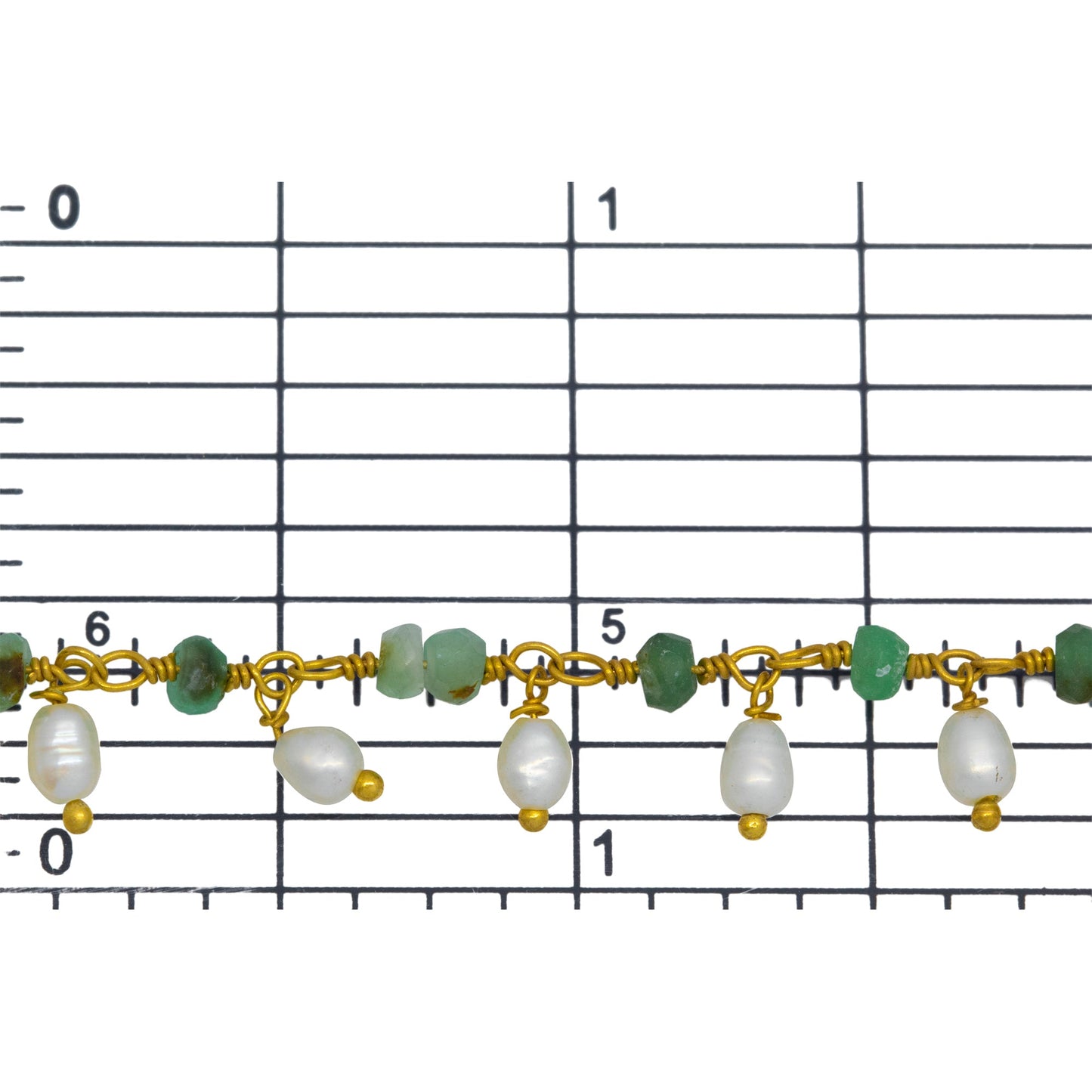 Brass Gold Plated 3.4mm Width by 2.3mm Length Natural Hand Cut Chrysoprase Stone, With One of 3.0mm Width by 4.1mm Length Rice Pearl Hanging off the Chain, Gem Stone Chain. Price per: 1 Inch.