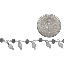 Load image into Gallery viewer, Brass Silver Plated 3.35mm Width by 2.25mm Length Natural Hand Cut Labradorite Stone, With One of 3.10mm Width by 3.75mm Length Rice Pearl Hanging off the Chain, Gem Stone Chain. Price per: 1 Inch.