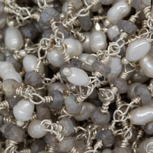 Load image into Gallery viewer, Brass Silver Plated 3.35mm Width by 2.25mm Length Natural Hand Cut Labradorite Stone, With One of 3.10mm Width by 3.75mm Length Rice Pearl Hanging off the Chain, Gem Stone Chain. Price per: 1 Inch.