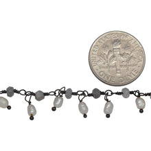 Load image into Gallery viewer, Brass Oxidized 3.35mm Width by 2.25mm Length Natural Hand Cut Labradorite Stone, With One of 3.10mm Width by 3.75mm Length Rice Pearl Hanging off the Chain, Gem Stone Chain. Price per: 1 Inch.