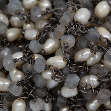 Load image into Gallery viewer, Brass Oxidized 3.35mm Width by 2.25mm Length Natural Hand Cut Labradorite Stone, With One of 3.10mm Width by 3.75mm Length Rice Pearl Hanging off the Chain, Gem Stone Chain. Price per: 1 Inch.