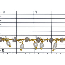 Load image into Gallery viewer, Brass Gold Plated 3.35mm Width by 2.25mm Length Natural Hand Cut Labradorite Stone, With One of 3.10mm Width by 3.75mm Length Rice Pearl Hanging off the Chain, Gem Stone Chain. Price per: 1 Inch.