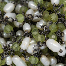Load image into Gallery viewer, Brass Oxidized 3.55mm Width by 2.50mm Length Natural Hand Cut Peridot Stone, With One of 3.10mm Width by 3.95mm Length Rice Pearl Hanging off the Chain, Gem Stone Chain. Price per: 1 Inch.
