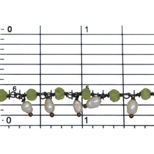 Load image into Gallery viewer, Brass Oxidized 3.55mm Width by 2.50mm Length Natural Hand Cut Peridot Stone, With One of 3.10mm Width by 3.95mm Length Rice Pearl Hanging off the Chain, Gem Stone Chain. Price per: 1 Inch.