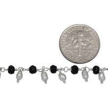 Load image into Gallery viewer, Brass Silver Plated 3.68mm Width by 2.72mm Length Natural Hand Cut Black Spinel Stone, With One of 2.50mm Width by 3.80mm Length Rice Pearl Hanging off the Chain, Gem Stone Chain. Price per: 1 Inch.