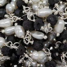 Load image into Gallery viewer, Brass Silver Plated 3.68mm Width by 2.72mm Length Natural Hand Cut Black Spinel Stone, With One of 2.50mm Width by 3.80mm Length Rice Pearl Hanging off the Chain, Gem Stone Chain. Price per: 1 Inch.