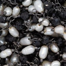 Load image into Gallery viewer, Brass Oxidized 3.68mm Width by 2.72mm Length Natural Hand Cut Black Spinel Stone, With One of 2.50mm Width by 3.80mm Length Rice Pearl Hanging off the Chain, Gem Stone Chain. Price per: 1 Inch.