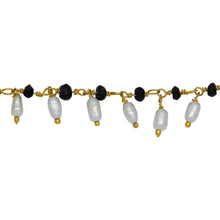 Load image into Gallery viewer, Chain by Foot. Brass Gold Plated 3.68mm Width by 2.72mm Length Natural Hand Cut Black Spinel Stone, With One of 2.50mm Width by 3.80mm Length Rice Pearl Hanging off the Chain, Gem Stone Chain. Price per: 1 Inch.