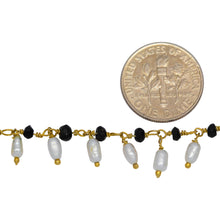 Load image into Gallery viewer, Brass Gold Plated 3.68mm Width by 2.72mm Length Natural Hand Cut Black Spinel Stone, With One of 2.50mm Width by 3.80mm Length Rice Pearl Hanging off the Chain, Gem Stone Chain. Price per: 1 Inch.