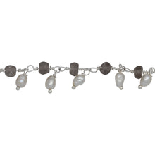 Load image into Gallery viewer, Chain by Foot. Brass Silver Plated 3.73mm Width by 2.85mm Length Natural Hand Cut Smoky Topaz Stone, With One of 3.13mm Width by 3.88mm Length Rice Pearl Hanging off the Chain, Gem Stone Chain. Price per: 1 Inch.