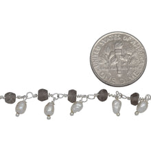 Load image into Gallery viewer, Brass Silver Plated 3.73mm Width by 2.85mm Length Natural Hand Cut Smoky Topaz Stone, With One of 3.13mm Width by 3.88mm Length Rice Pearl Hanging off the Chain, Gem Stone Chain. Price per: 1 Inch.