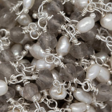Load image into Gallery viewer, Brass Silver Plated 3.73mm Width by 2.85mm Length Natural Hand Cut Smoky Topaz Stone, With One of 3.13mm Width by 3.88mm Length Rice Pearl Hanging off the Chain, Gem Stone Chain. Price per: 1 Inch.