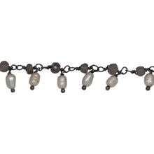 Load image into Gallery viewer, Chain by Foot. Brass Oxidized 3.73mm Width by 2.85mm Length Natural Hand Cut Smoky Topaz Stone, With One of 3.13mm Width by 3.88mm Length Rice Pearl Hanging off the Chain, Gem Stone Chain. Price per: 1 Inch.