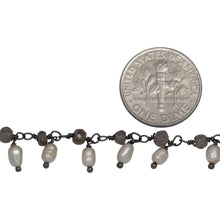 Load image into Gallery viewer, Brass Oxidized 3.73mm Width by 2.85mm Length Natural Hand Cut Smoky Topaz Stone, With One of 3.13mm Width by 3.88mm Length Rice Pearl Hanging off the Chain, Gem Stone Chain. Price per: 1 Inch.