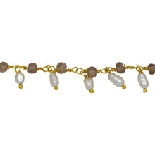 Load image into Gallery viewer, Chain by Foot. Brass Gold Plated 3.73mm Width by 2.85mm Length Natural Hand Cut Smoky Topaz Stone, With One of 3.13mm Width by 3.88mm Length Rice Pearl Hanging off the Chain, Gem Stone Chain. Price per: 1 Inch.