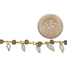 Load image into Gallery viewer, Brass Gold Plated 3.73mm Width by 2.85mm Length Natural Hand Cut Smoky Topaz Stone, With One of 3.13mm Width by 3.88mm Length Rice Pearl Hanging off the Chain, Gem Stone Chain. Price per: 1 Inch.