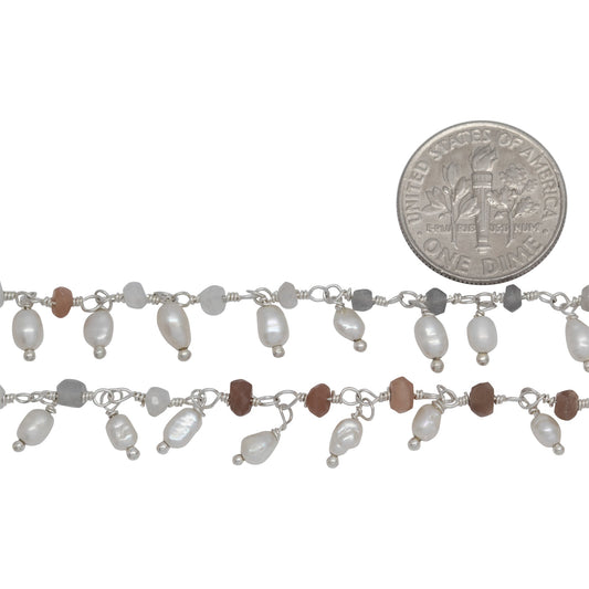 Brass Silver Plated 3.60mm Width by 2.80mm Length Natural Hand Cut Morse Moon Stone, With One of 3.10mm Width by 3.85mm Length Rice Pearl Hanging off the Chain, Gem Stone Chain. Price per: 1 Inch.