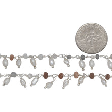 Load image into Gallery viewer, Brass Silver Plated 3.60mm Width by 2.80mm Length Natural Hand Cut Morse Moon Stone, With One of 3.10mm Width by 3.85mm Length Rice Pearl Hanging off the Chain, Gem Stone Chain. Price per: 1 Inch.