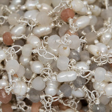 Load image into Gallery viewer, Brass Silver Plated 3.60mm Width by 2.80mm Length Natural Hand Cut Morse Moon Stone, With One of 3.10mm Width by 3.85mm Length Rice Pearl Hanging off the Chain, Gem Stone Chain. Price per: 1 Inch.