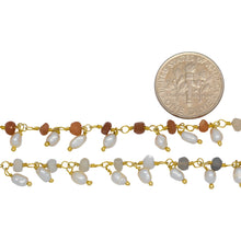 Load image into Gallery viewer, Brass Gold Plated 3.60mm Width by 2.80mm Length Natural Hand Cut Morse Moon Stone, With One of 3.10mm Width by 3.85mm Length Rice Pearl Hanging off the Chain, Gem Stone Chain. Price per: 1 Inch.