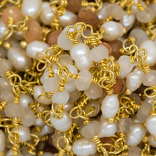 Load image into Gallery viewer, Brass Gold Plated 3.60mm Width by 2.80mm Length Natural Hand Cut Morse Moon Stone, With One of 3.10mm Width by 3.85mm Length Rice Pearl Hanging off the Chain, Gem Stone Chain. Price per: 1 Inch.