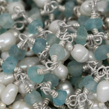 Load image into Gallery viewer, Brass Silver Plated 3.11mm Width by 2.40mm Length Natural Hand Cut Apatite Stone, With One of 3.10mm Width by 3.85mm Length Rice Pearl Hanging off the Chain, Gem Stone Chain. Price per: 1 Inch.