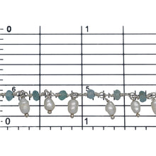 Load image into Gallery viewer, Brass Silver Plated 3.11mm Width by 2.40mm Length Natural Hand Cut Apatite Stone, With One of 3.10mm Width by 3.85mm Length Rice Pearl Hanging off the Chain, Gem Stone Chain. Price per: 1 Inch.