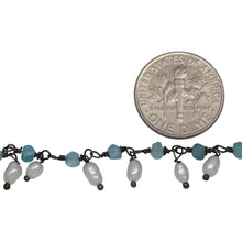 Load image into Gallery viewer, Brass Oxidized 3.11mm Width by 2.40mm Length Natural Hand Cut Apatite Stone, With One of 3.10mm Width by 3.85mm Length Rice Pearl Hanging off the Chain, Gem Stone Chain. Price per: 1 Inch.
