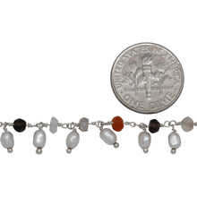 Load image into Gallery viewer, Brass Silver Plated 3.44mm Width by 2.80mm Length Natural Hand Cut Multicolor Stone, With One of 3.10mm Width by 3.85mm Length Rice Pearl Hanging off the Chain, Gem Stone Chain. Price per: 1 Inch.