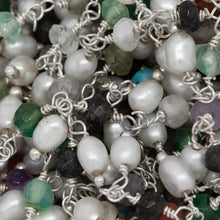 Load image into Gallery viewer, Brass Silver Plated 3.44mm Width by 2.80mm Length Natural Hand Cut Multicolor Stone, With One of 3.10mm Width by 3.85mm Length Rice Pearl Hanging off the Chain, Gem Stone Chain. Price per: 1 Inch.