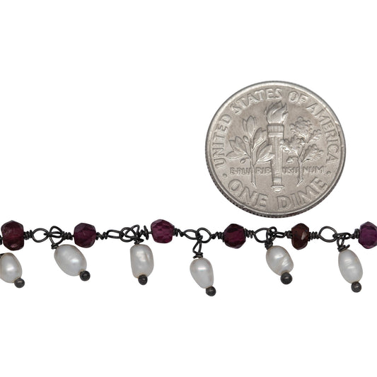 Brass Oxidized 3.12mm Width by 2.76mm Length Natural Hand Cut Garnet Stone, With One of 3.10mm Width by 3.85mm Length Rice Pearl Hanging off the Chain, Gem Stone Chain. Price per: 1 Inch.
