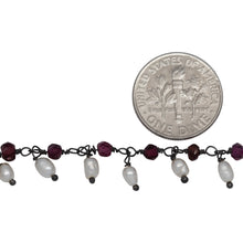 Load image into Gallery viewer, Brass Oxidized 3.12mm Width by 2.76mm Length Natural Hand Cut Garnet Stone, With One of 3.10mm Width by 3.85mm Length Rice Pearl Hanging off the Chain, Gem Stone Chain. Price per: 1 Inch.