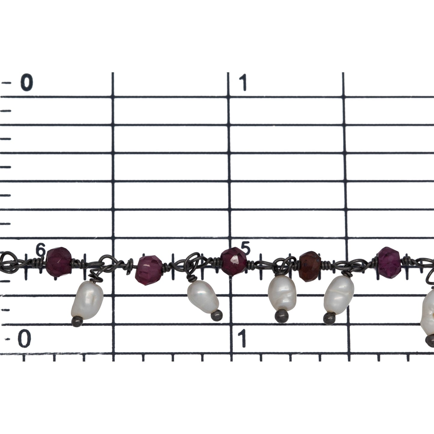 Brass Oxidized 3.12mm Width by 2.76mm Length Natural Hand Cut Garnet Stone, With One of 3.10mm Width by 3.85mm Length Rice Pearl Hanging off the Chain, Gem Stone Chain. Price per: 1 Inch.