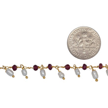 Load image into Gallery viewer, Brass Gold Plated 3.12mm Width by 2.76mm Length Natural Hand Cut Garnet Stone, With One of 3.10mm Width by 3.85mm Length Rice Pearl Hanging off the Chain, Gem Stone Chain. Price per: 1 Inch.